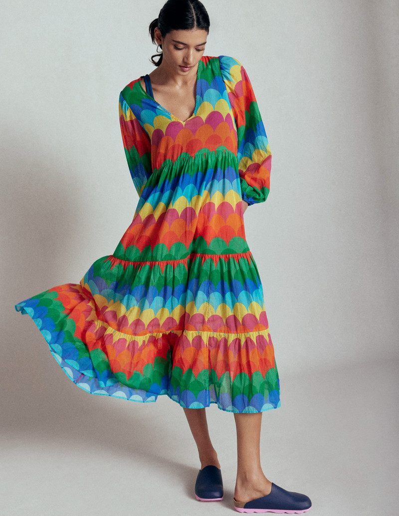 V-Neck Tiered Cotton Kaftan-Multi, Scallop Stripe 4