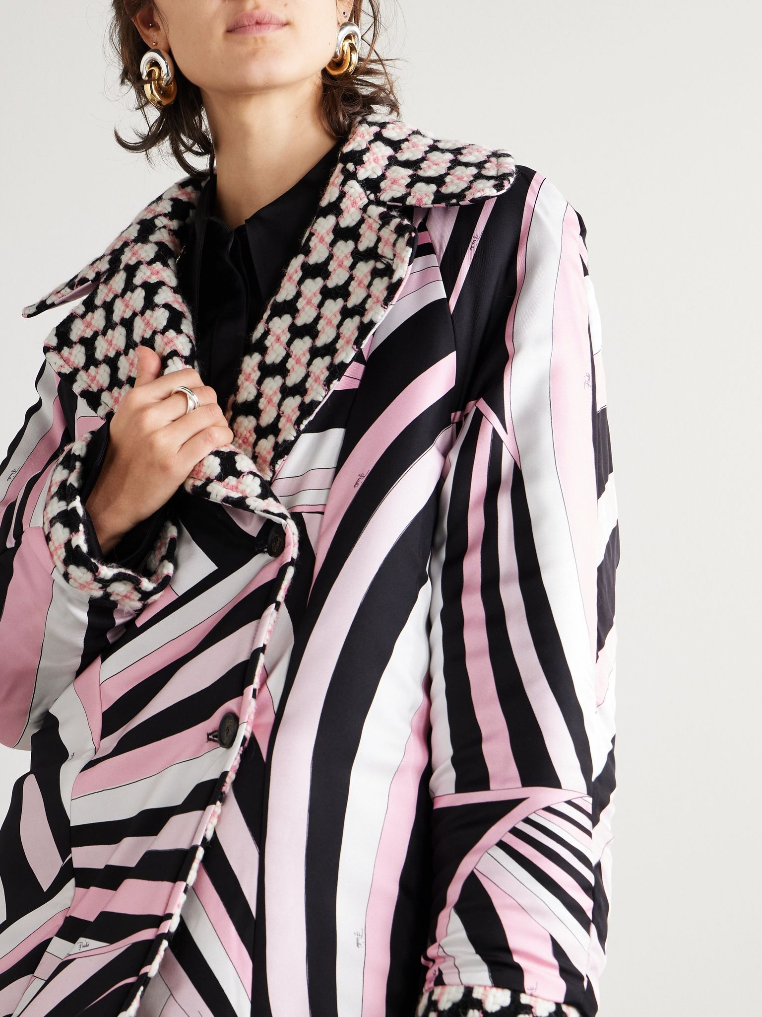 Reversible double-breasted printed silk-twill and wool-blend tweed jacket Pink - 6