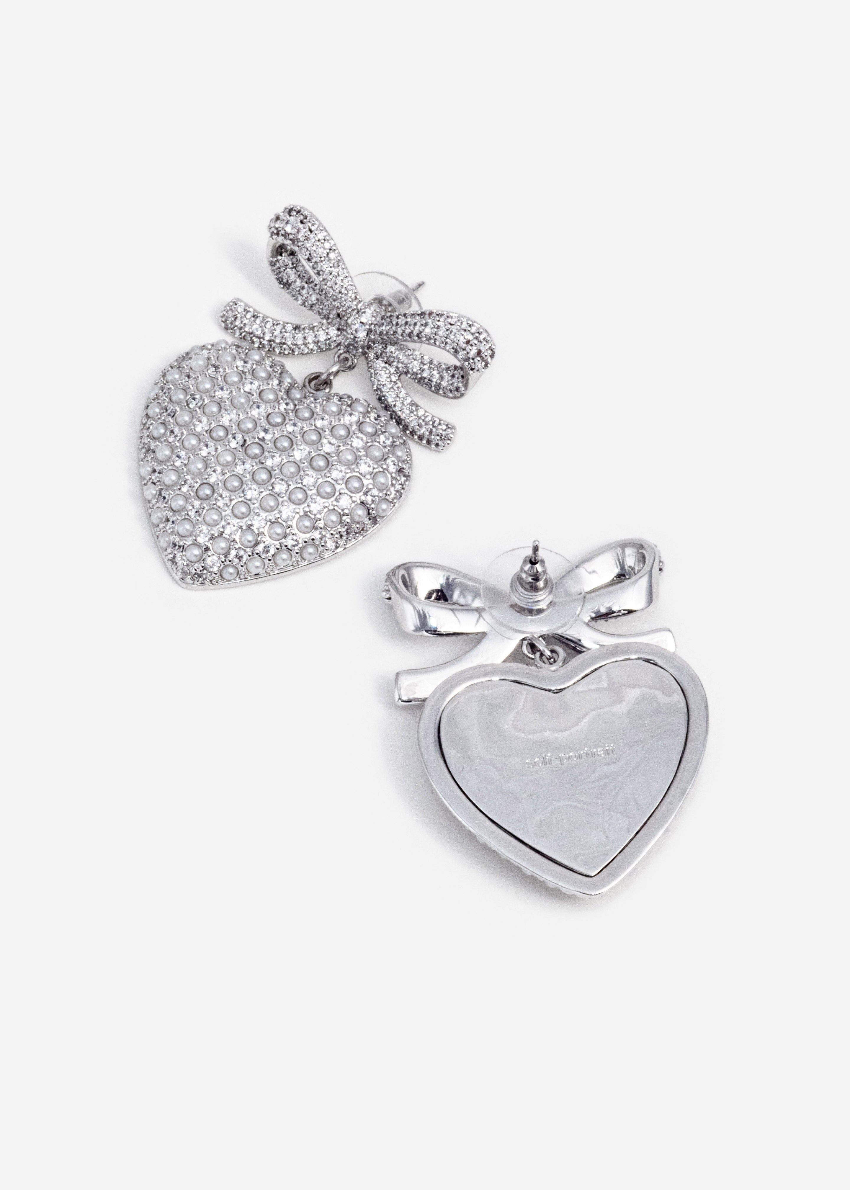 Crystal Bow Pearl Heart Earrings - 2