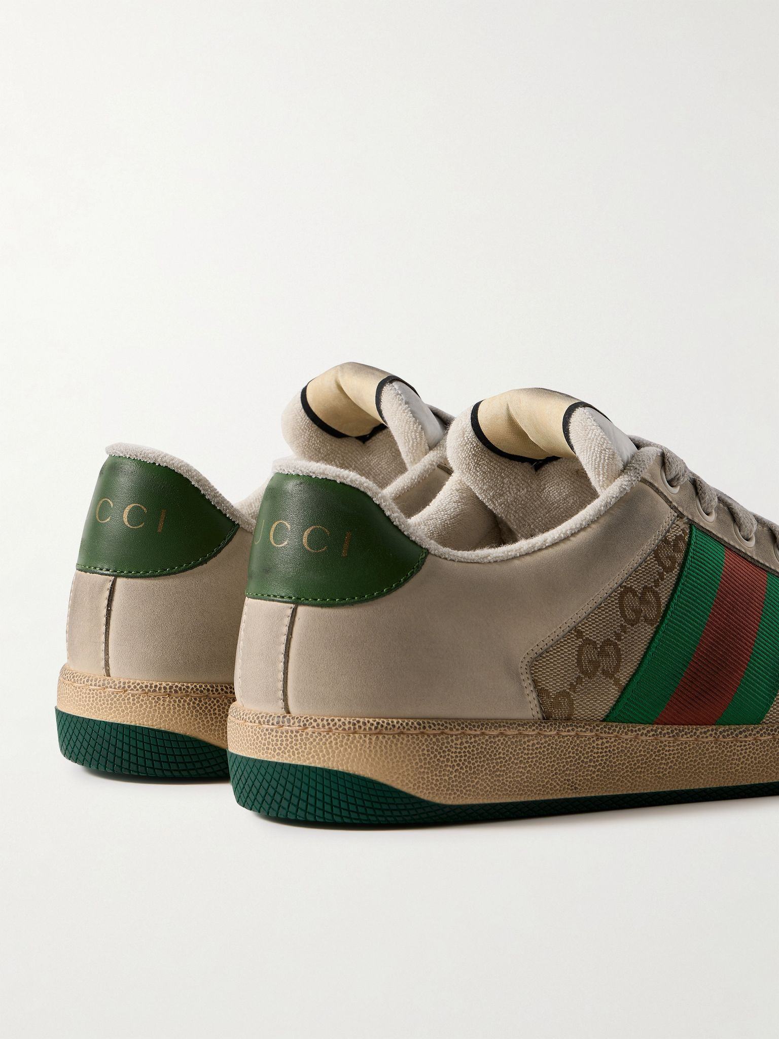 Screener Monogrammed Canvas and Webbing-Trimmed Distressed Leather Sneakers Off-white - 5