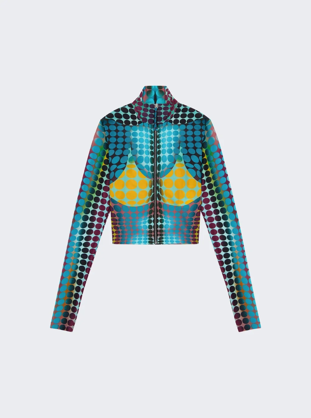 Re-edition: Cropped Zip-up Long Sleeve Top Blue Dots Print - 1