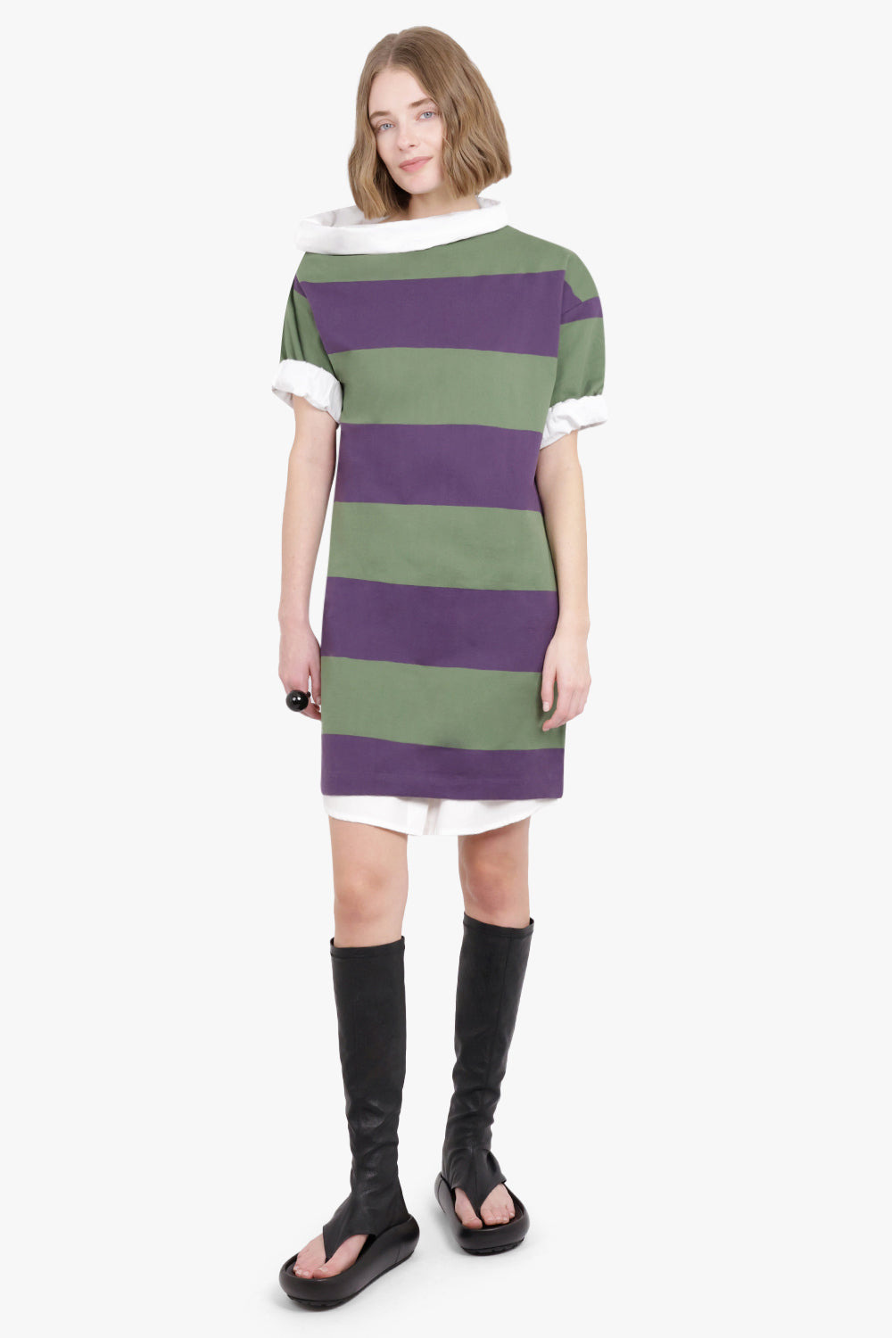 STRIPE ASYMMETRIC NECK SHIRT DETAIL DRESS | DARK PURPLE - 2
