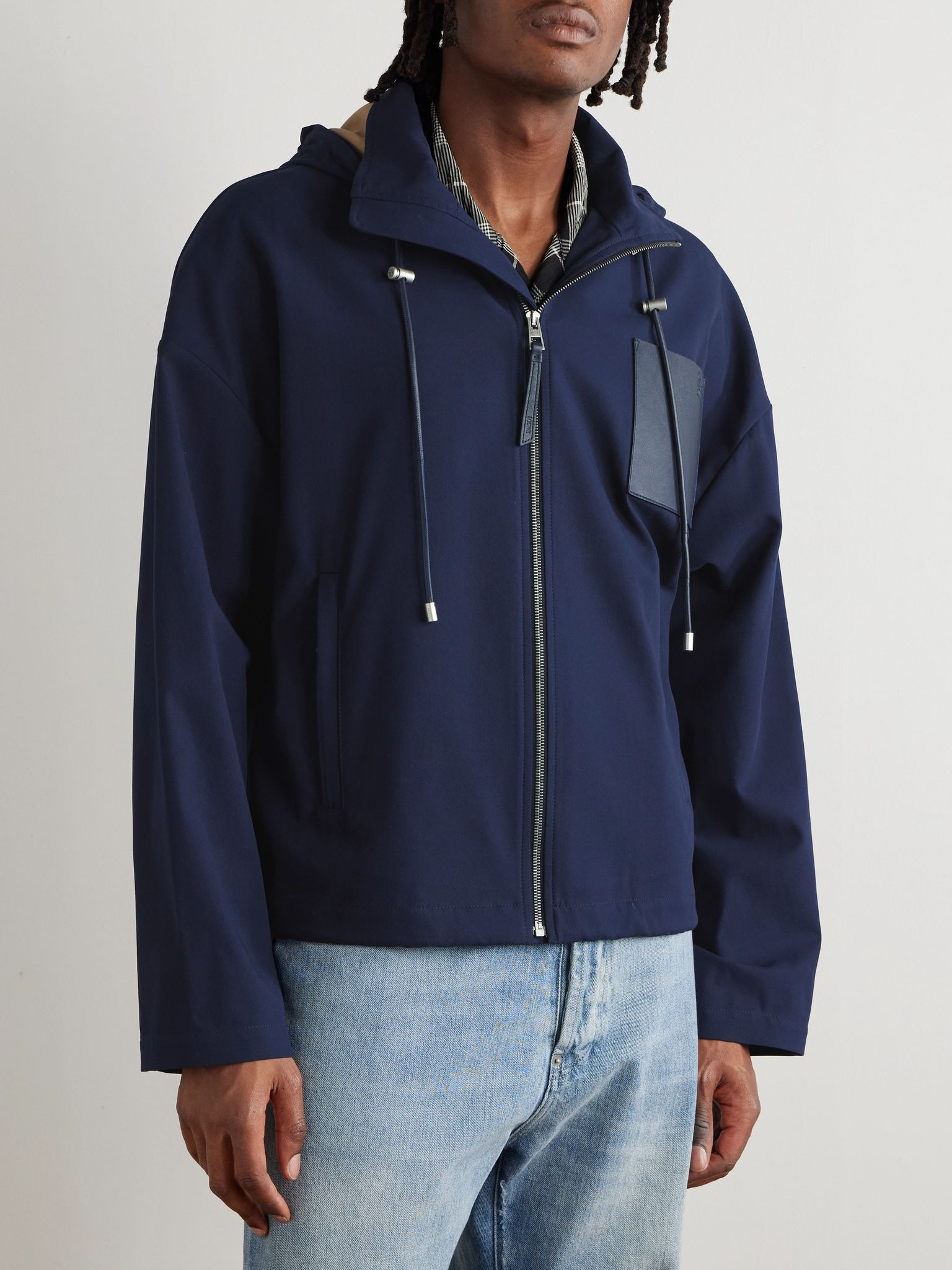 Logo-Debossed Leather-Trimmed Cotton-Twill Hooded Jacket Navy - 3