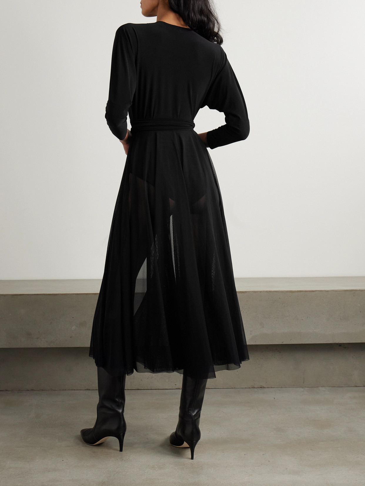 Pleated Mesh-trimmed Stretch-jersey Midi Dress - 3
