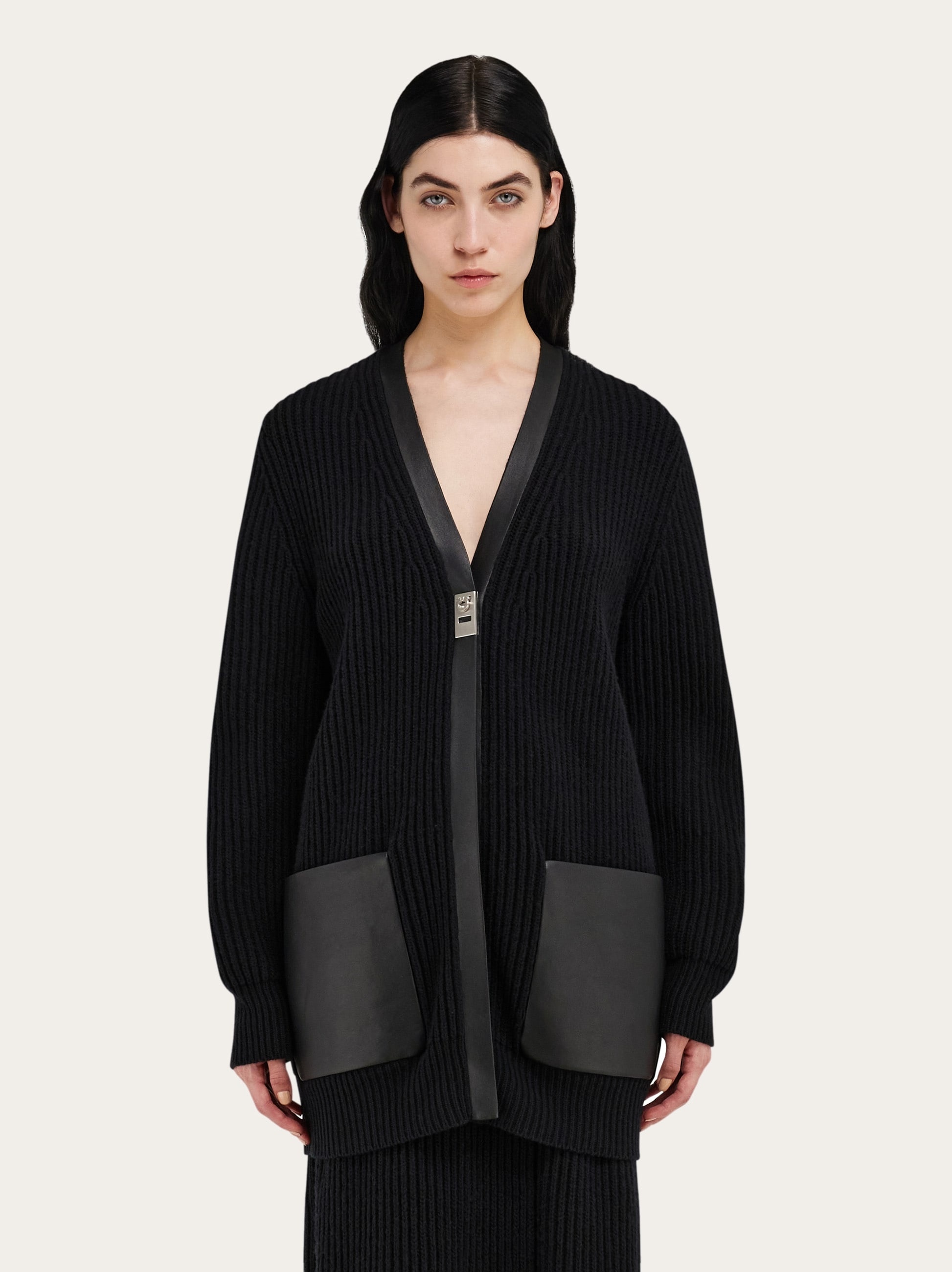 Longline cardigan with leather trim - 2
