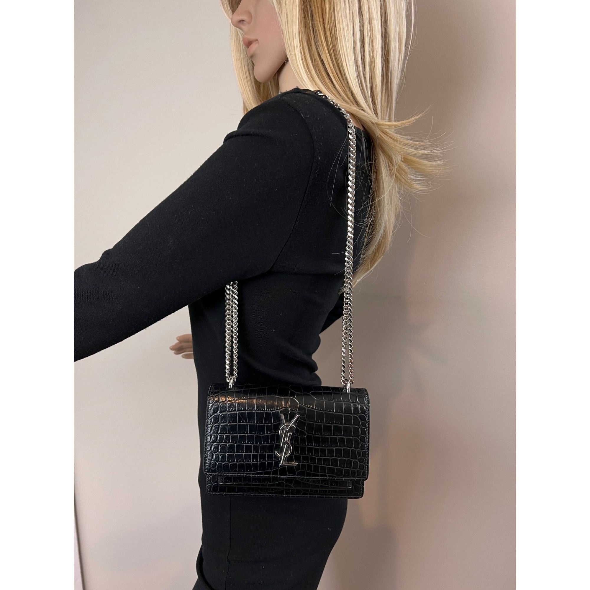 Saint Laurent Black Leather Sunset Wallet on a Chain Crocodile Embossed Bag - 22