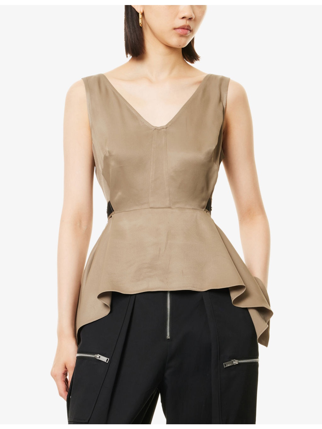 V-Neck Sleeveless Flounce Satin Top - 3