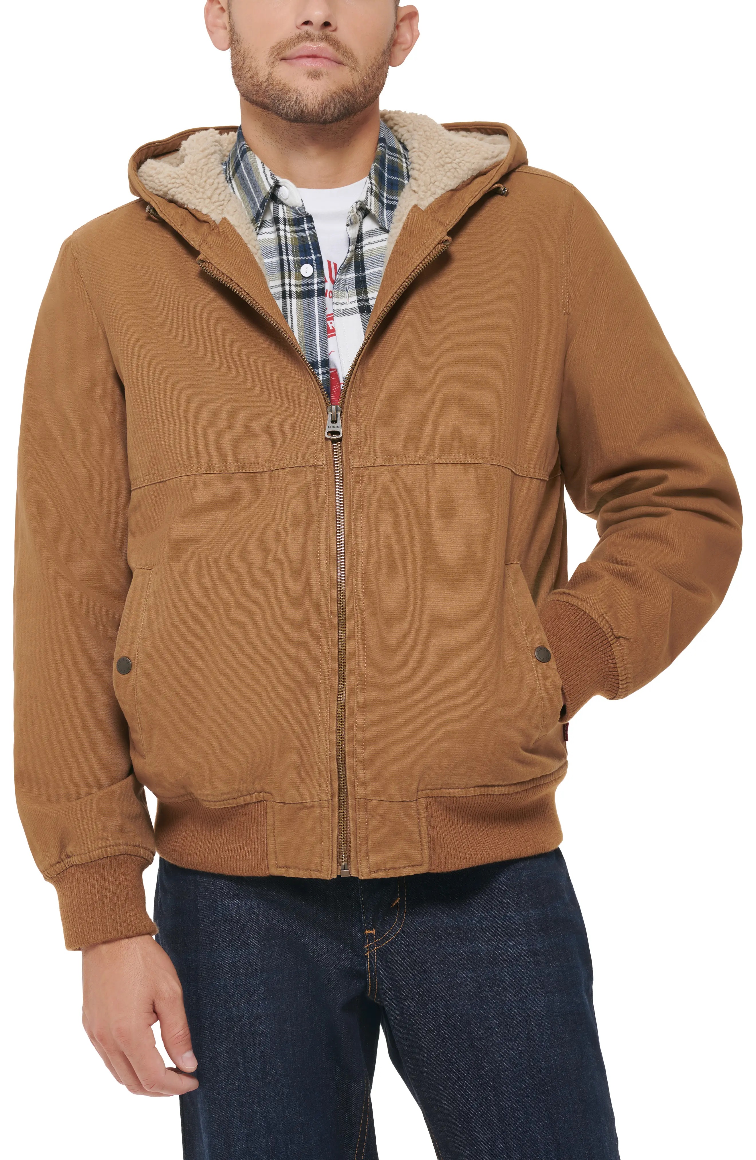 Workwear Faux Shearling Lined Cotton Canvas Hooded Jacket - 1