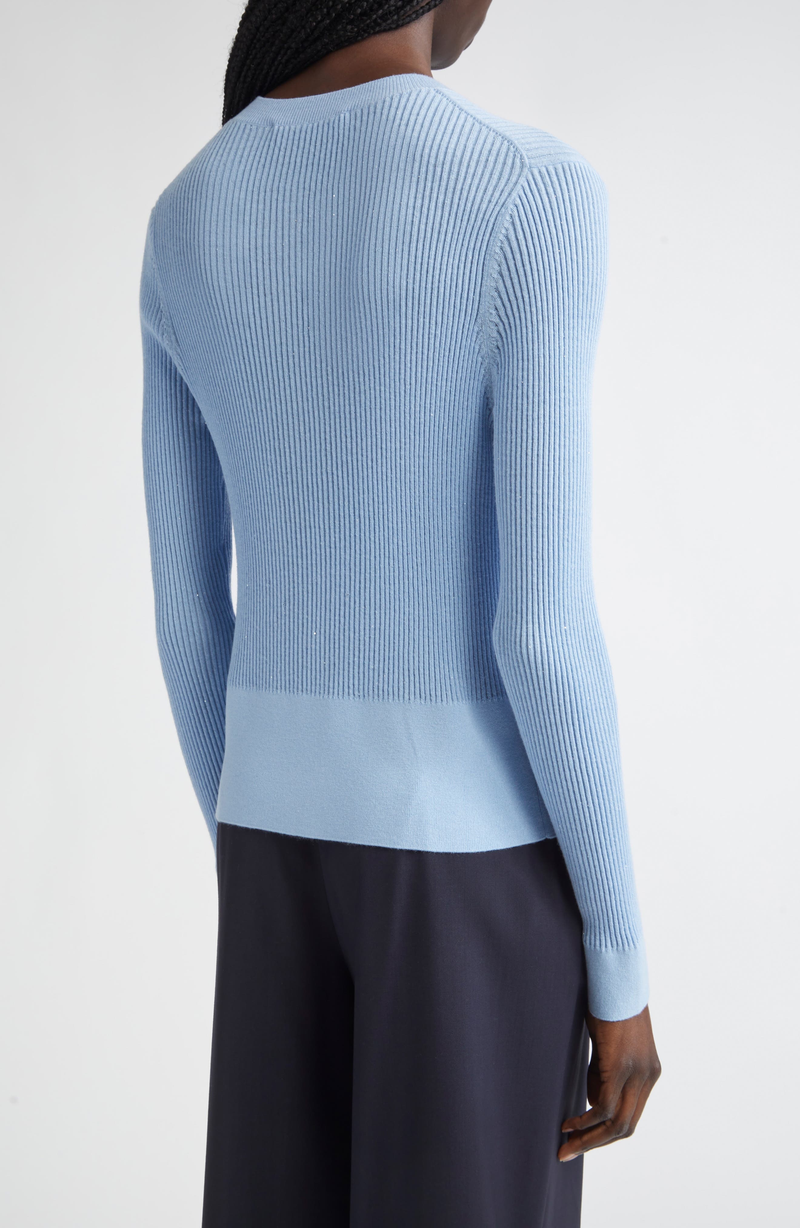 Max Mara Ribera Sequin Rib Fitted Silk & Wool Cardigan in Light Blue at Nordstrom - 2