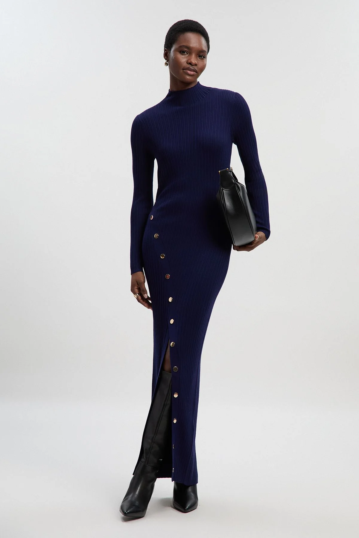 Viscose Blend Popper Detail Split Knit Midi Dress - 1