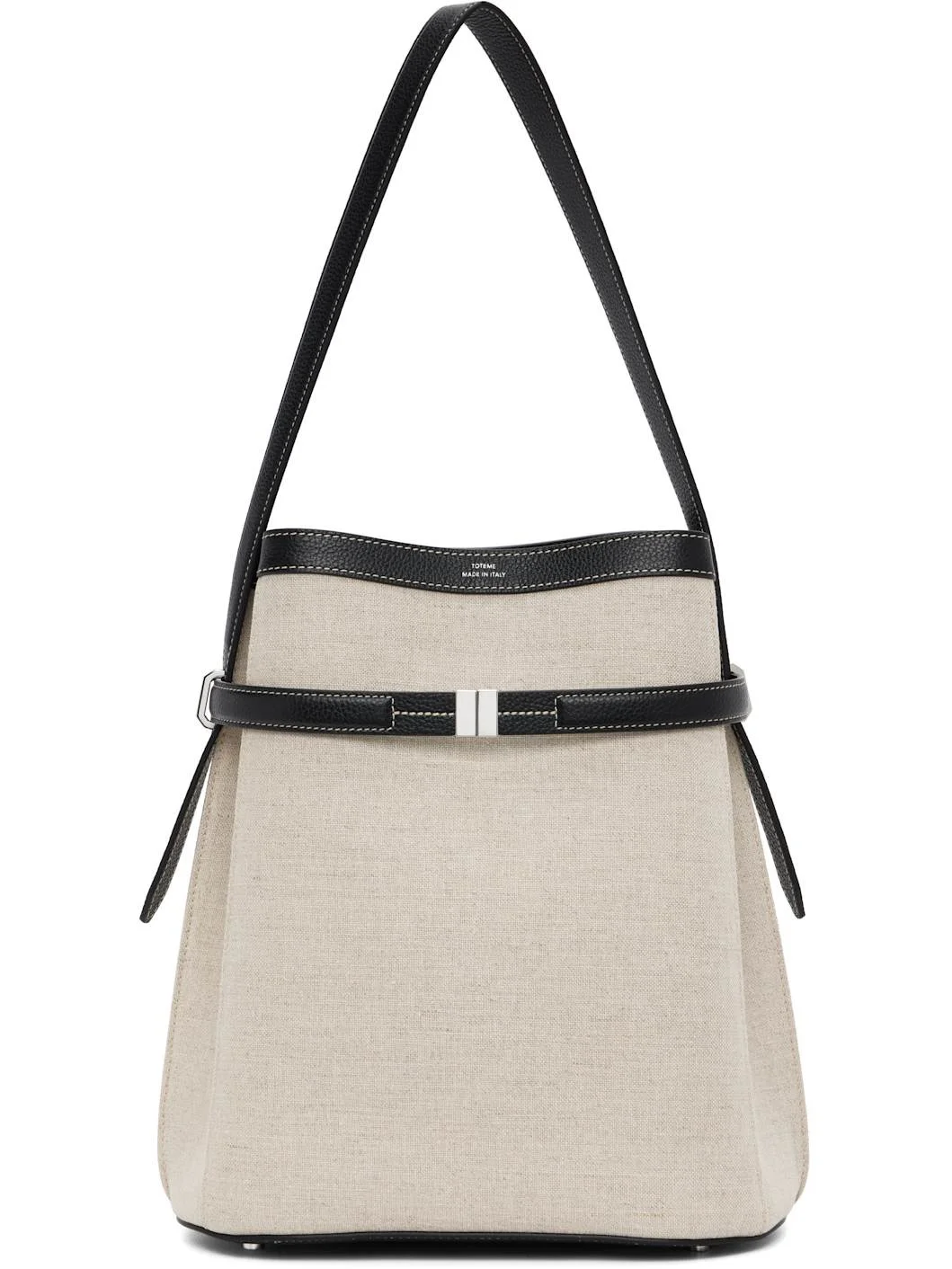 Beige & Black Belted Canvas Bucket Bag - 1