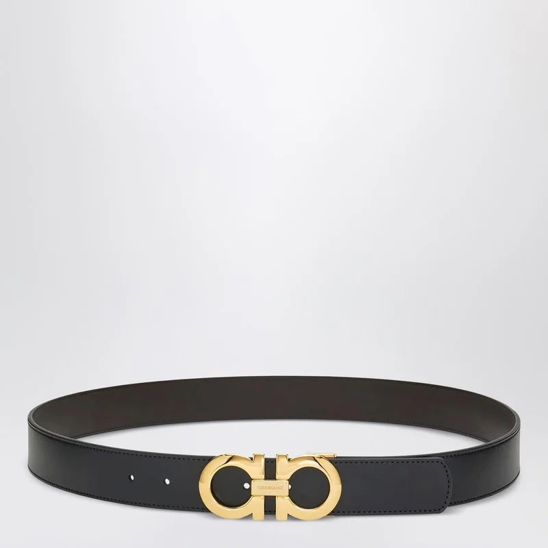 Reversible and adjustable Gancini belt Black/Hickory - 1