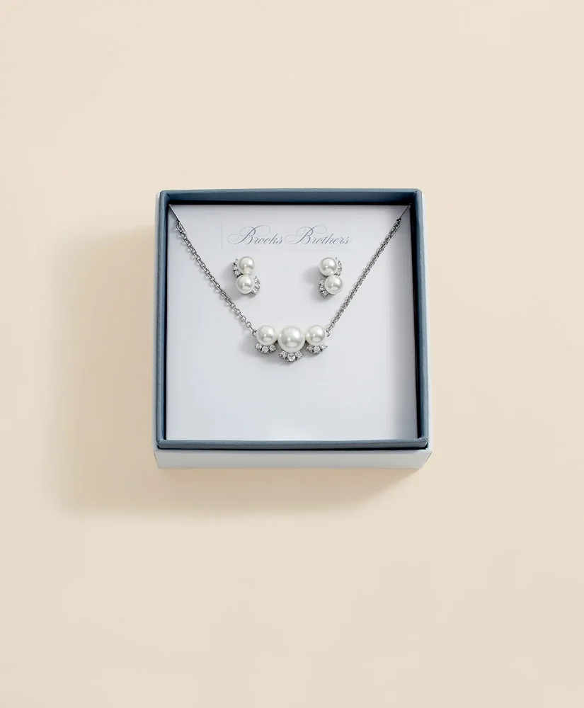 Faux Pearl Cubic-Zirconia Cluster Necklace and Earrings Set - 1