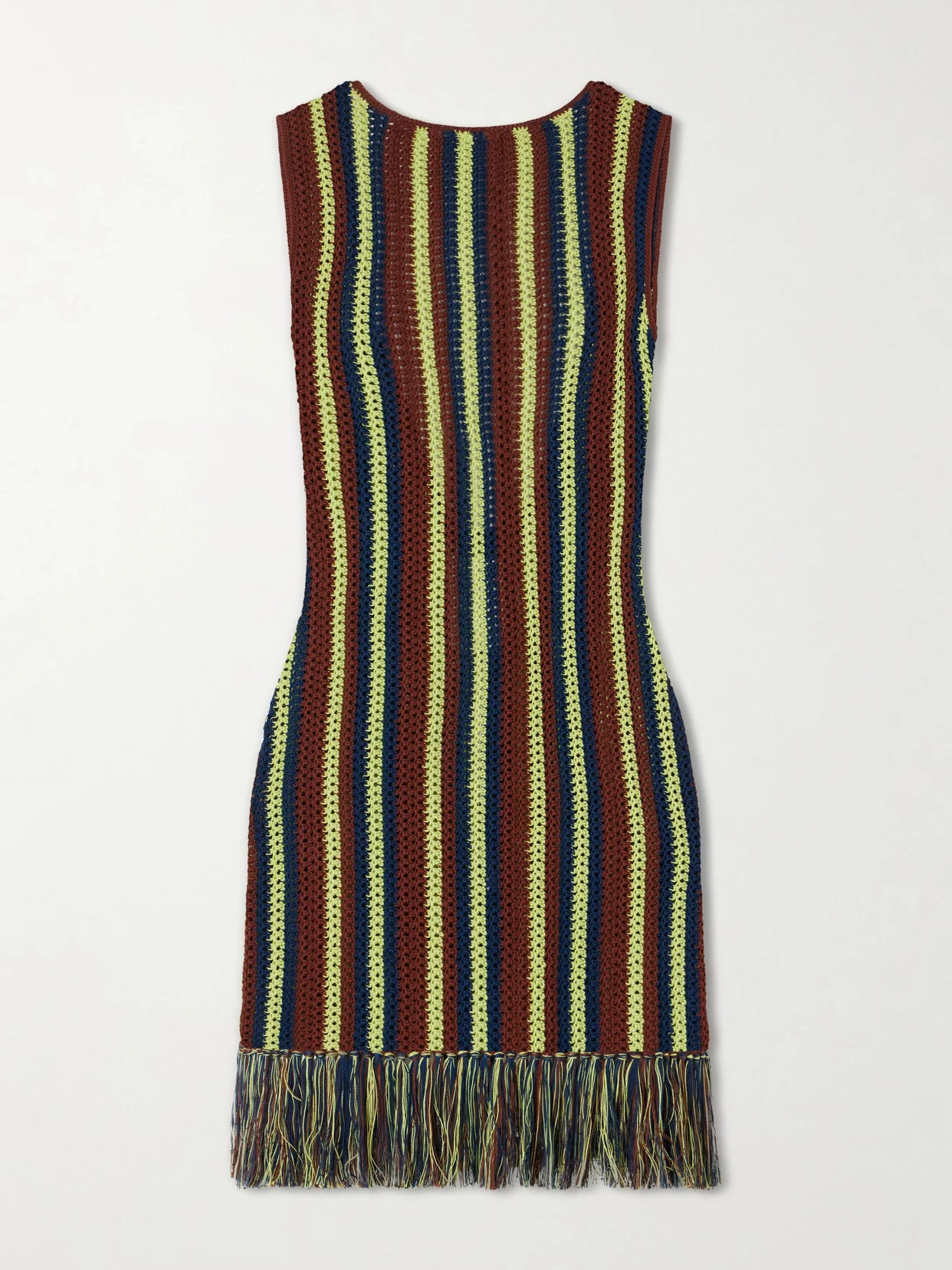 Misti Matcha Striped Fringe-trimmed Crocheted Cotton Mini Dress - 1