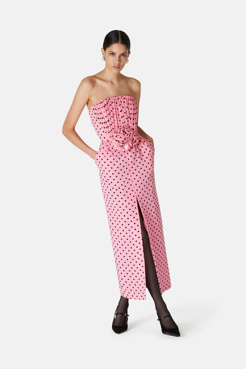 FLOCKED POLKA DOT SILK GEORGETTE BUSTIER DRESS 4