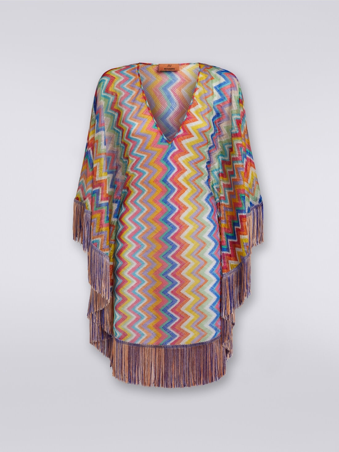 Short cover-up kaftan with zigzag print and fringes - 1