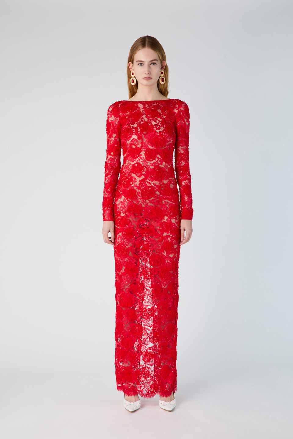 OPEN BACK LACE DRESS WITH SEQUIN, ROSE EMBROIDERY - 4