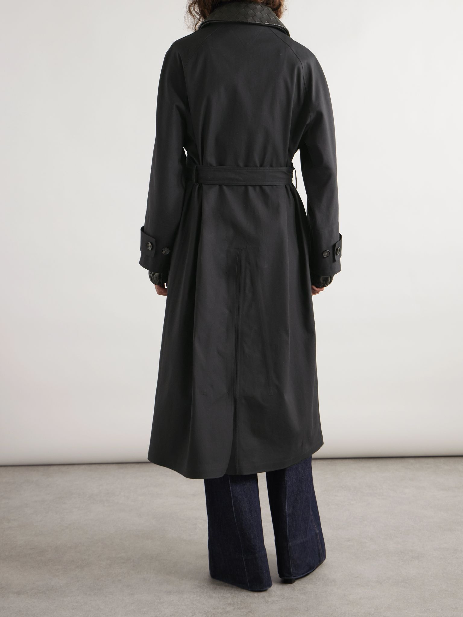 Belted intrecciato leather-trimmed cotton-blend gabardine trench coat Black - 3
