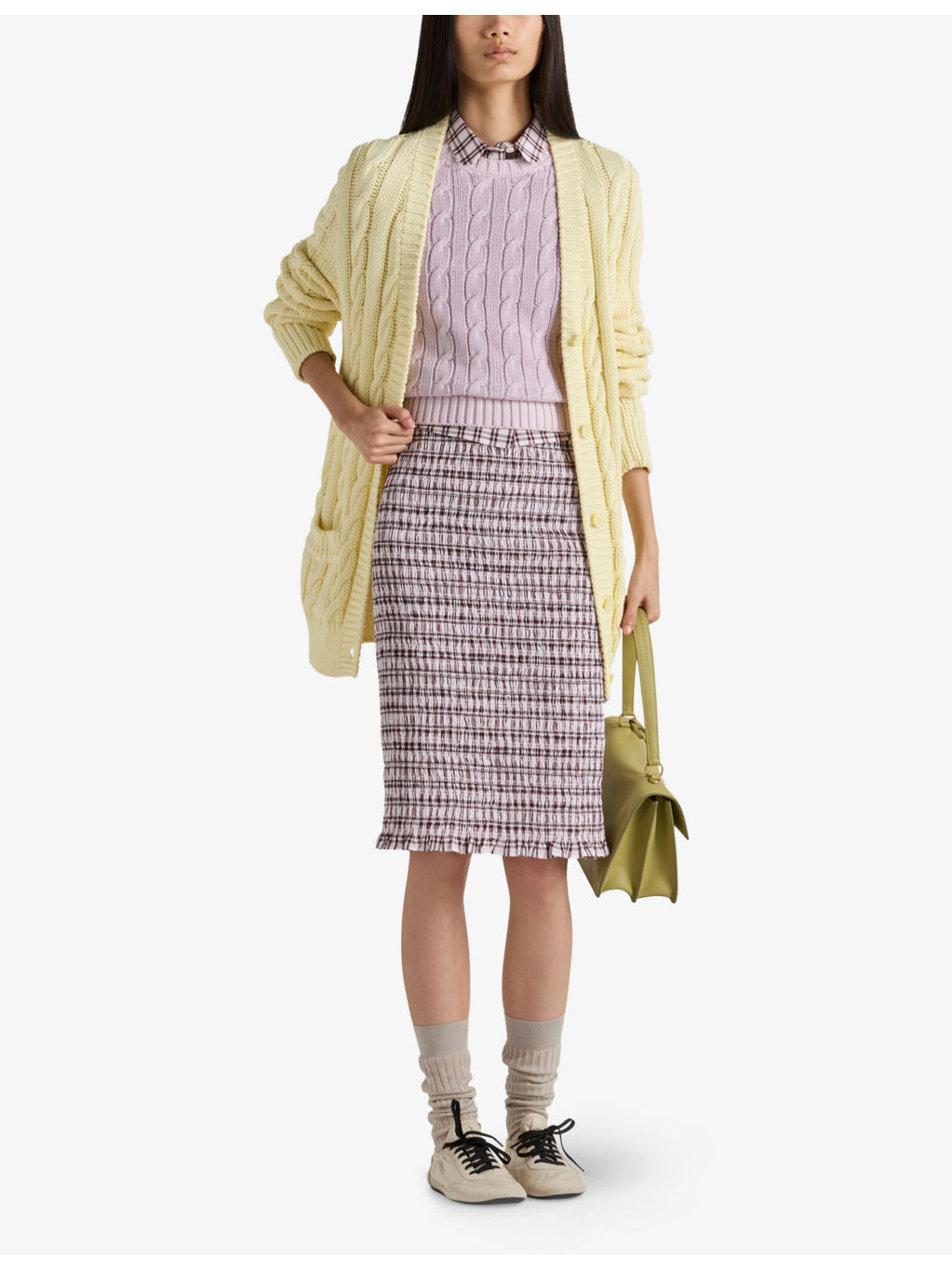 Checked Smocking-Stitched Cotton Midi Skirt - 2