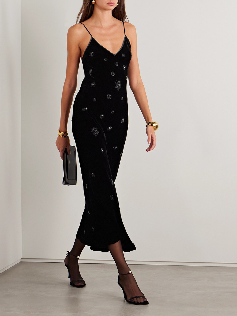 LA LIGNE Embellished Silk-satin Trimmed Velvet Midi Dress outlook