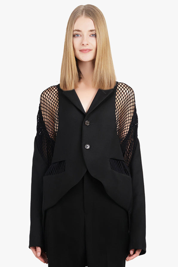 MESH PANEL SINGLE BREASTED WOOL BLAZER | BLACK - 2