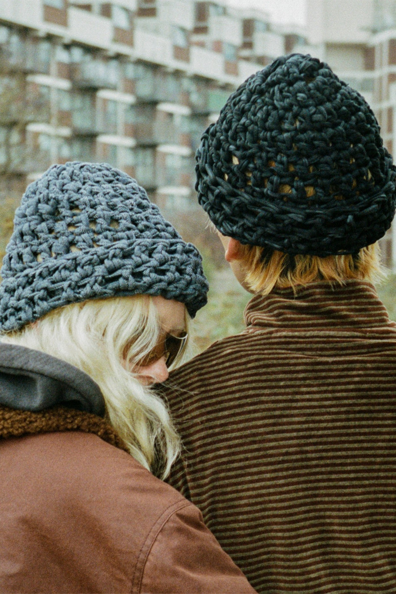 Our Legacy Crochet Beanie Overdyed Blue Jersey outlook