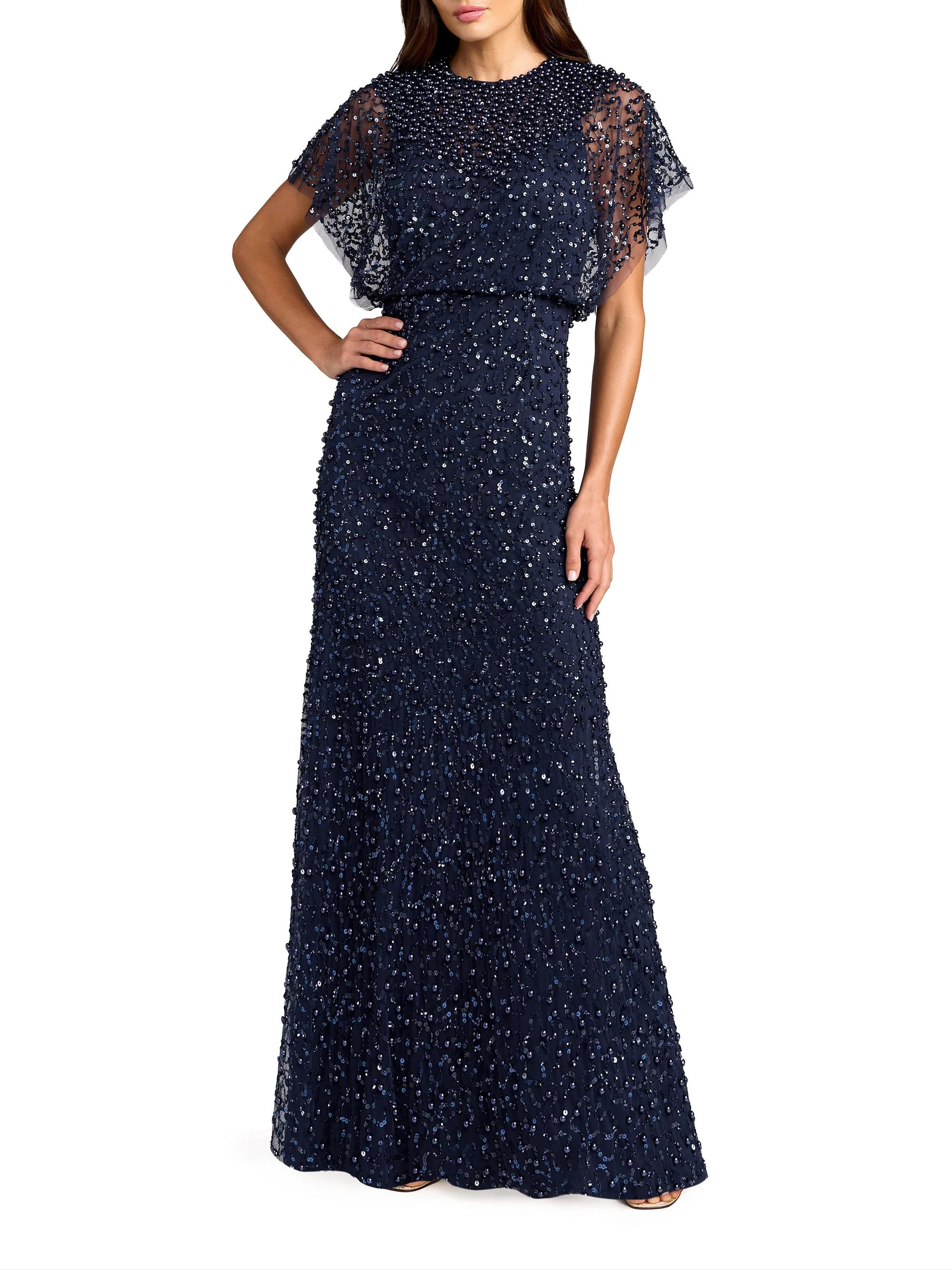 Women's Beaded Sequin Shawl Gown - Midnight - 1