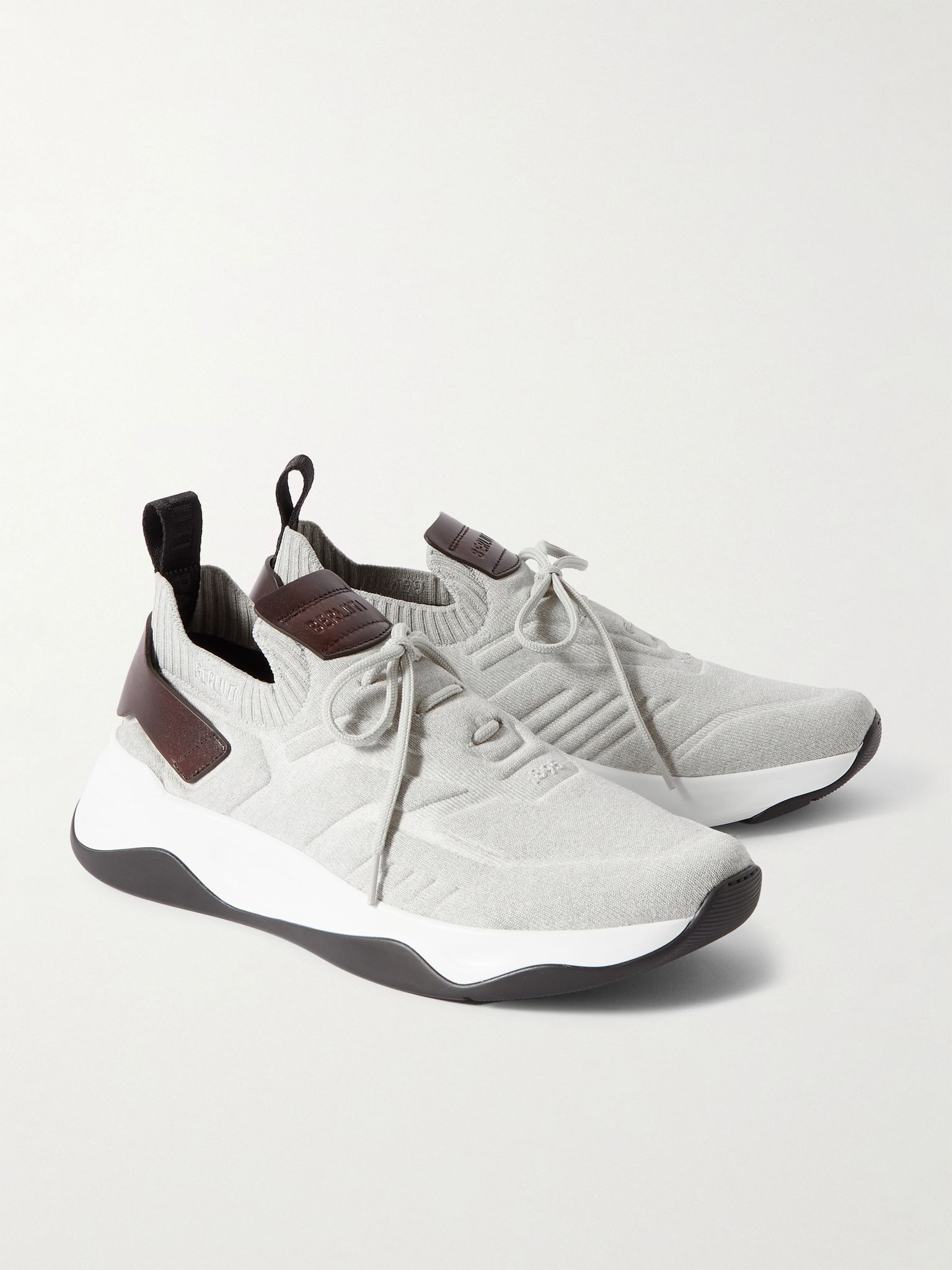 Shadow Leather-Trimmed Stretch-Knit Sneakers Gray - 4