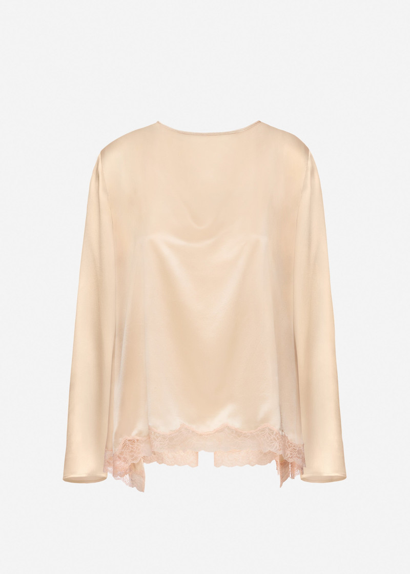 Silk long-sleeve blouse with lace trim in peach 1