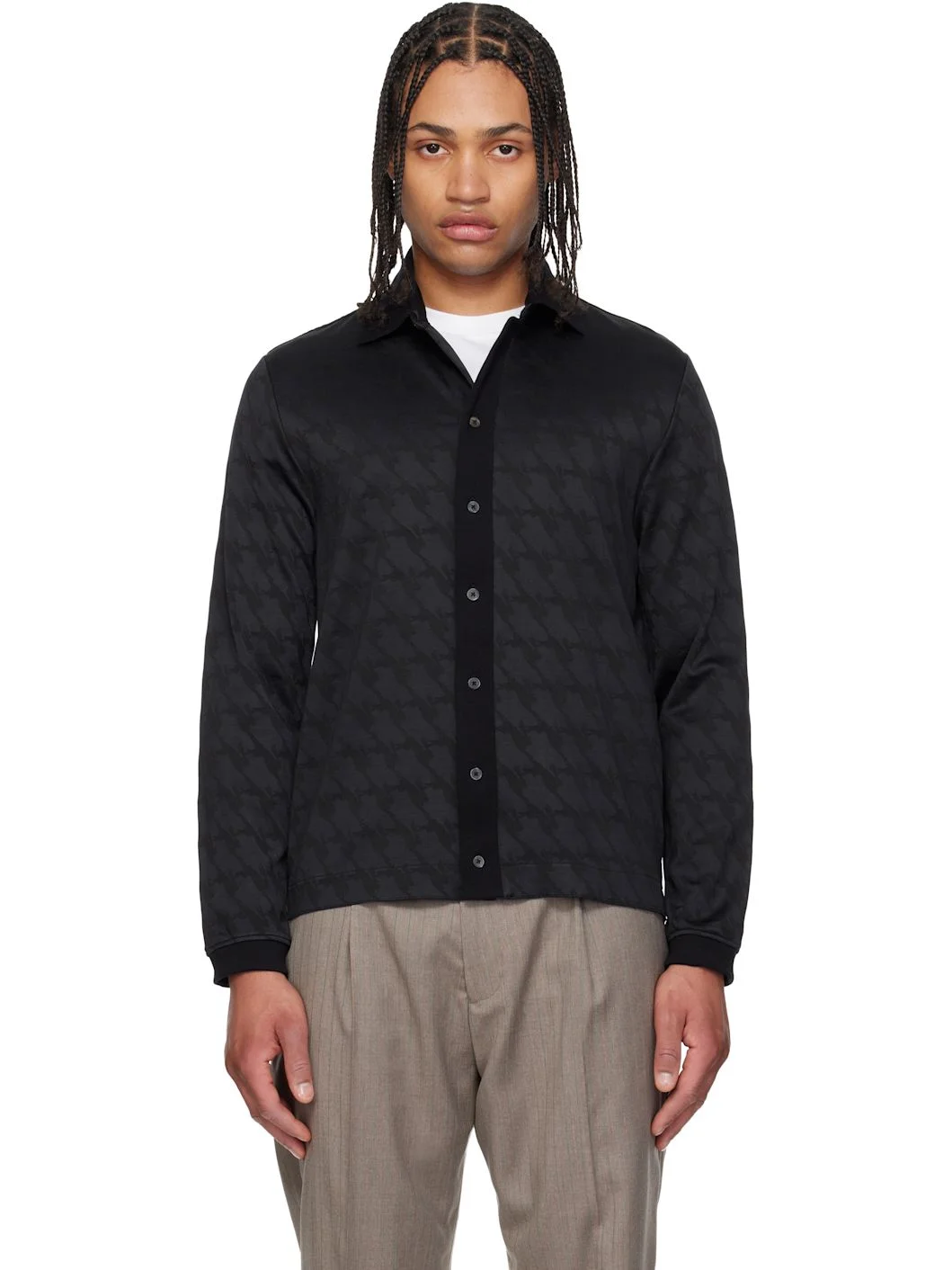 Black & Navy Long Sleeve Jacquard Polo Shirt - 1