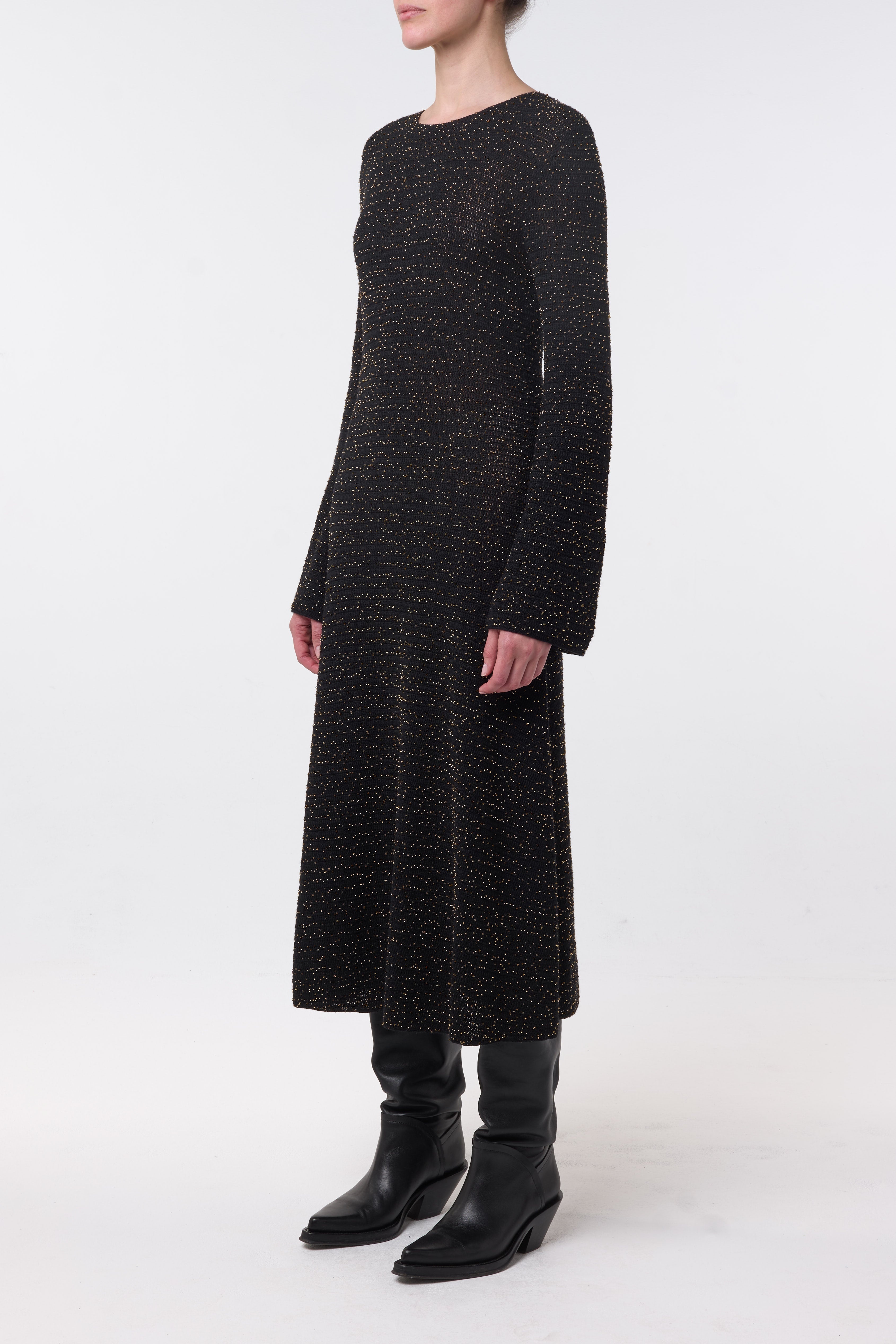 Opora Knit Midi Dress in Black & Gold Beaded Cashmere - 3