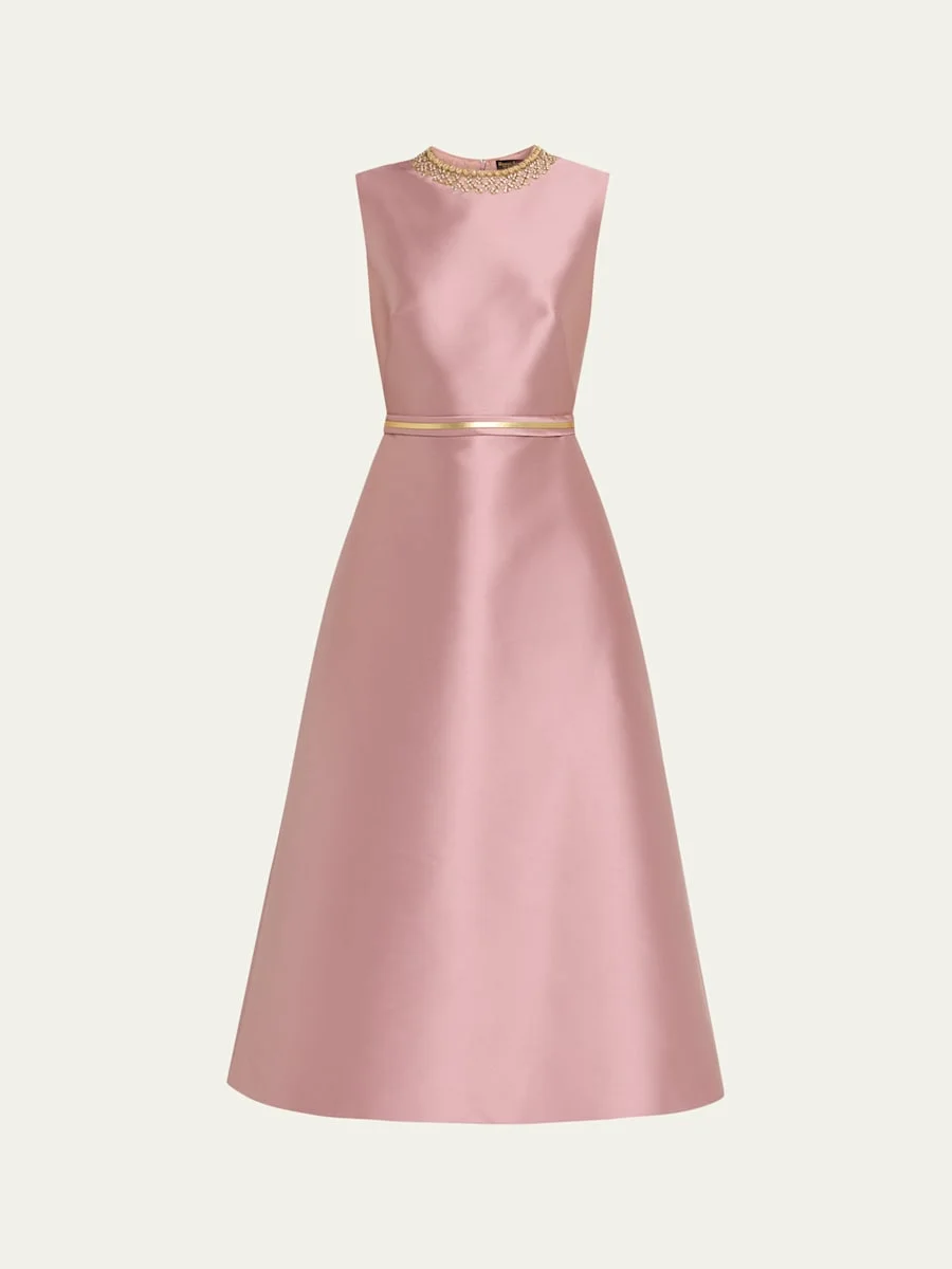 Embroidered Mikado Silk Sleeveless Tea-Length Dress - 1