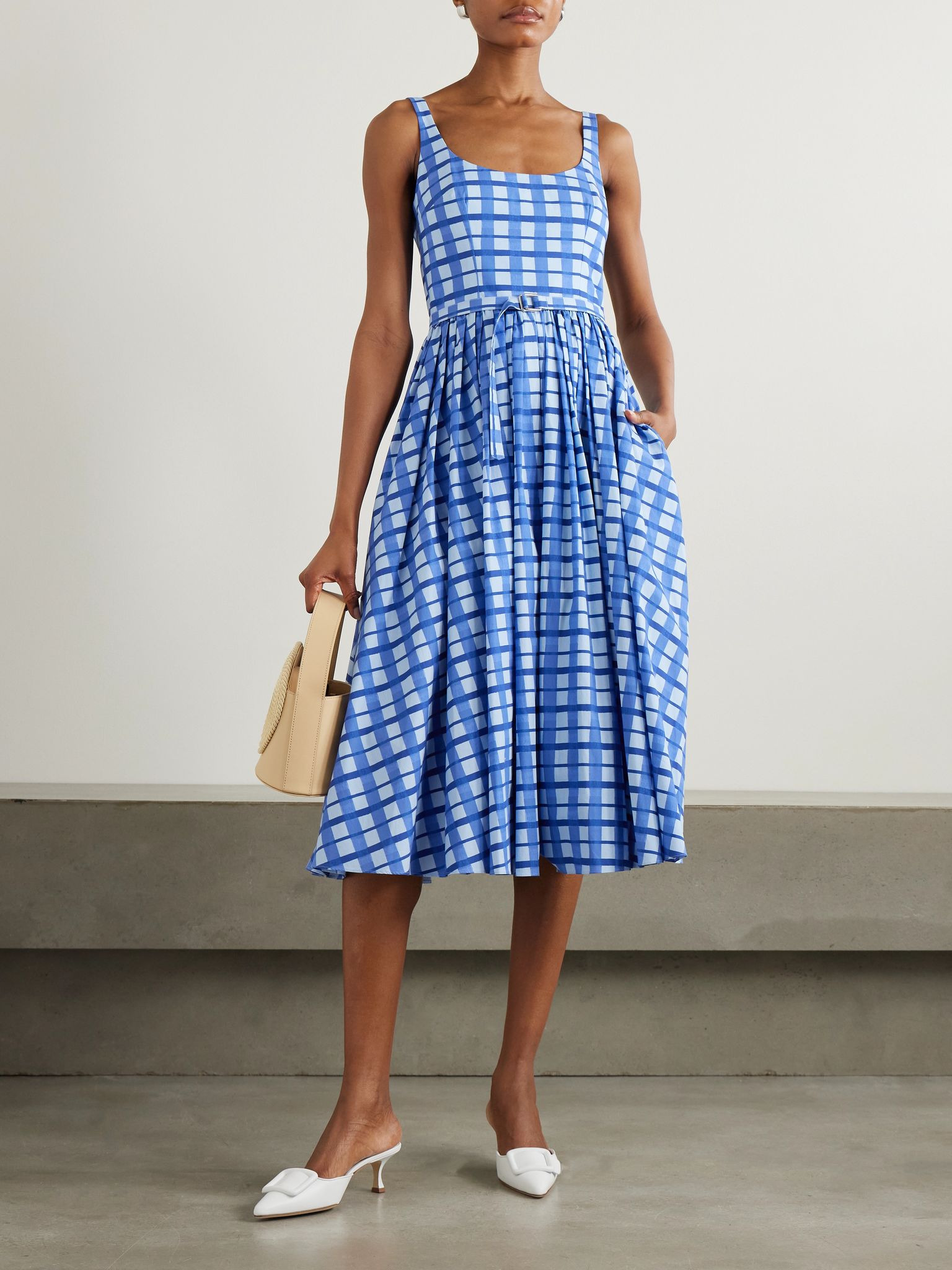Eglantine belted pleated checked cotton-poplin midi dress Blue - 2