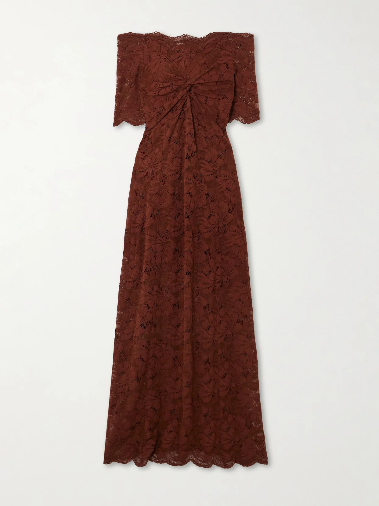 Off-the-shoulder Twist-front Stretch-lace Midi Dress - 1