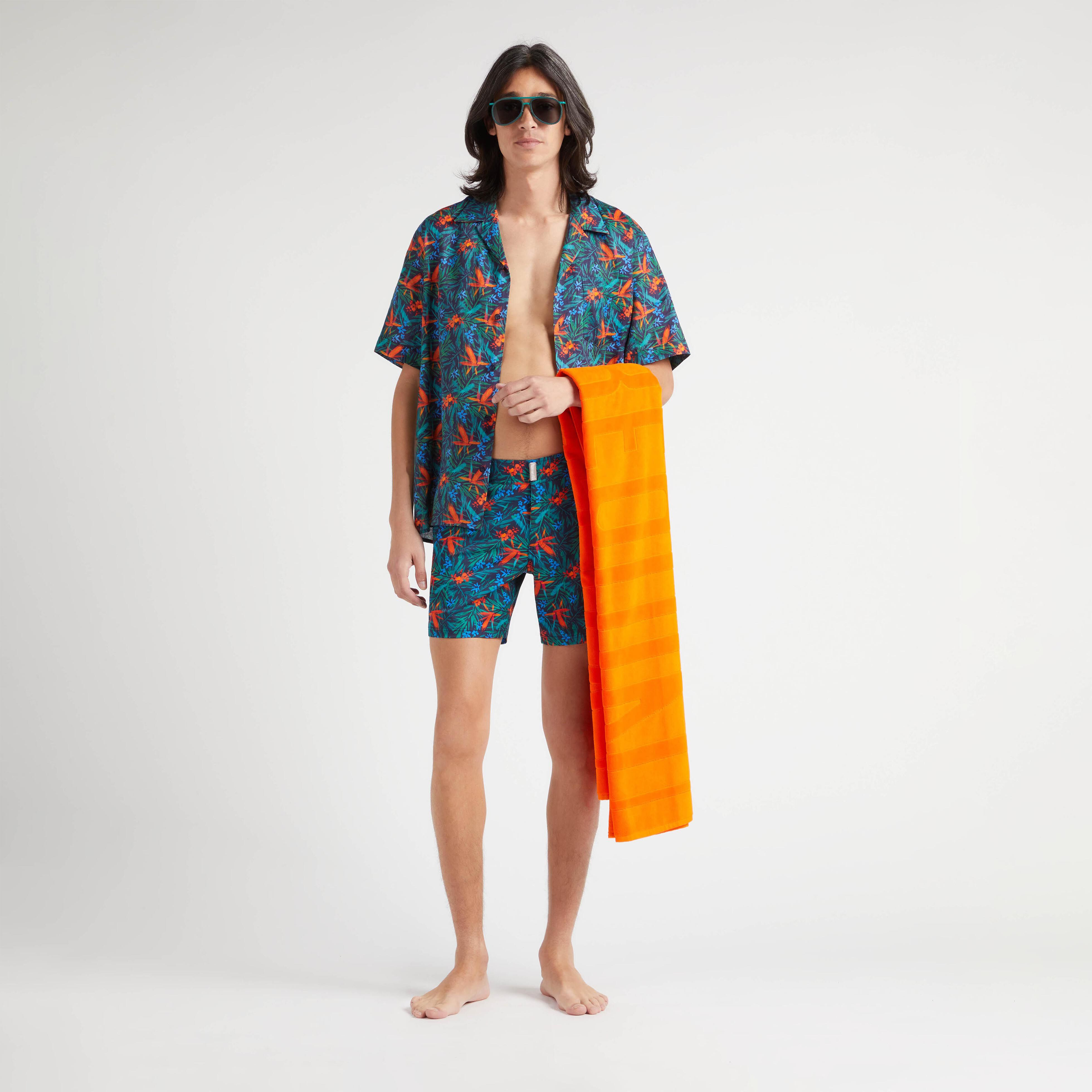 Men Stretch Short Swim Trunks Flat Belt Tropical Flowers - 5