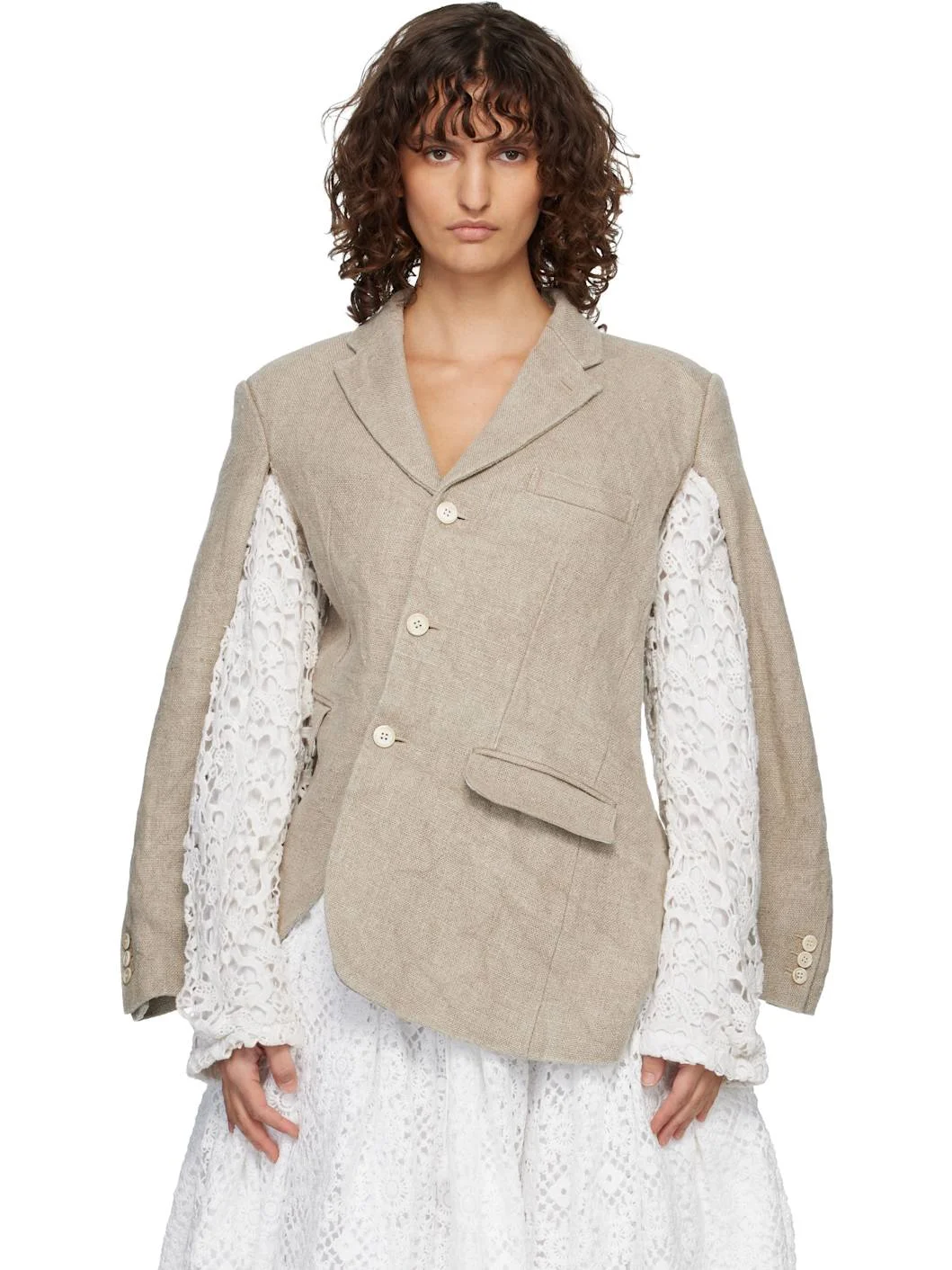 Beige Linen Super Heavy Canvas & Cotton Lace Blazer - 1