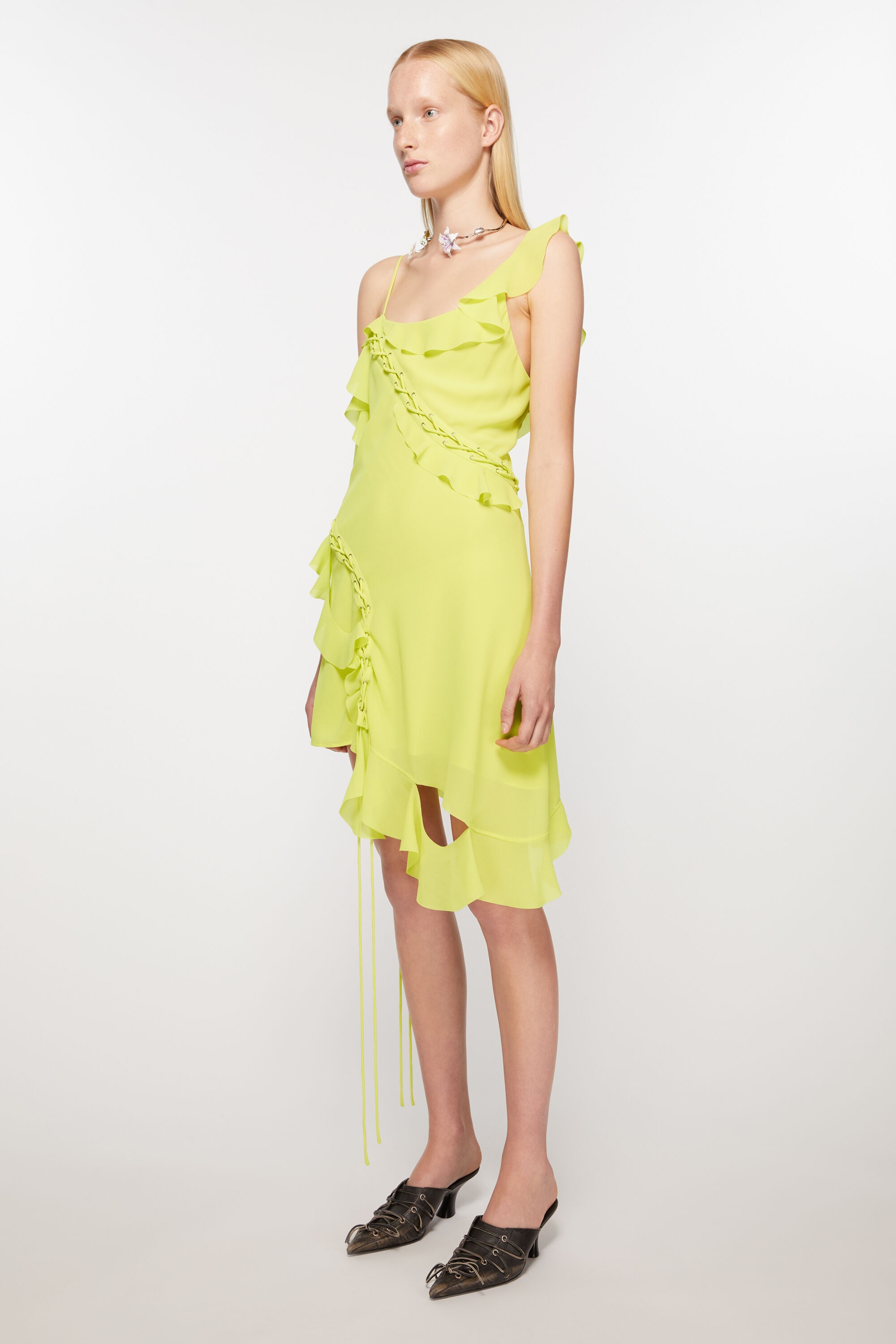 Ruffle strap dress - Acid yellow - 3