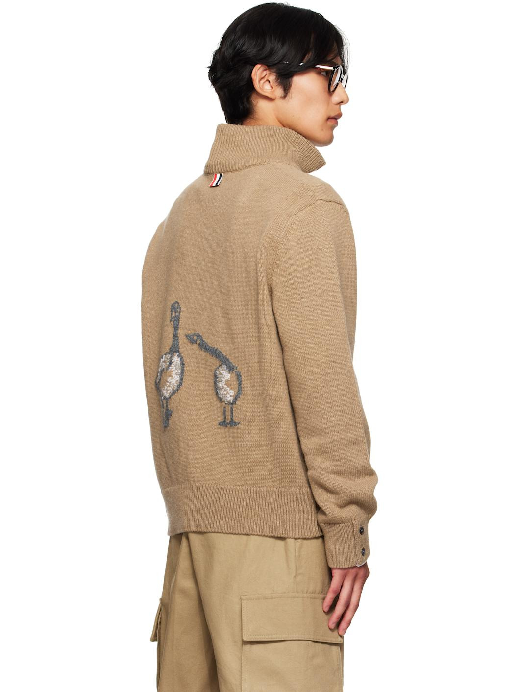 Beige Geese Intarsia Merino Wool Mock Neck Sweater - 3