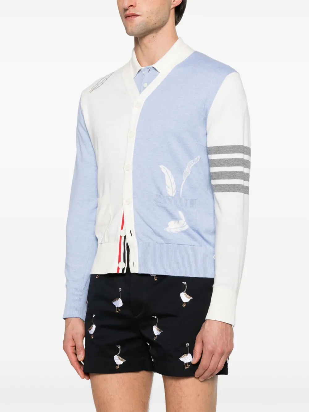 THOM BROWNE - MEN Funmix Feather Jersey Intarsia High V Neck Cardigan - 2