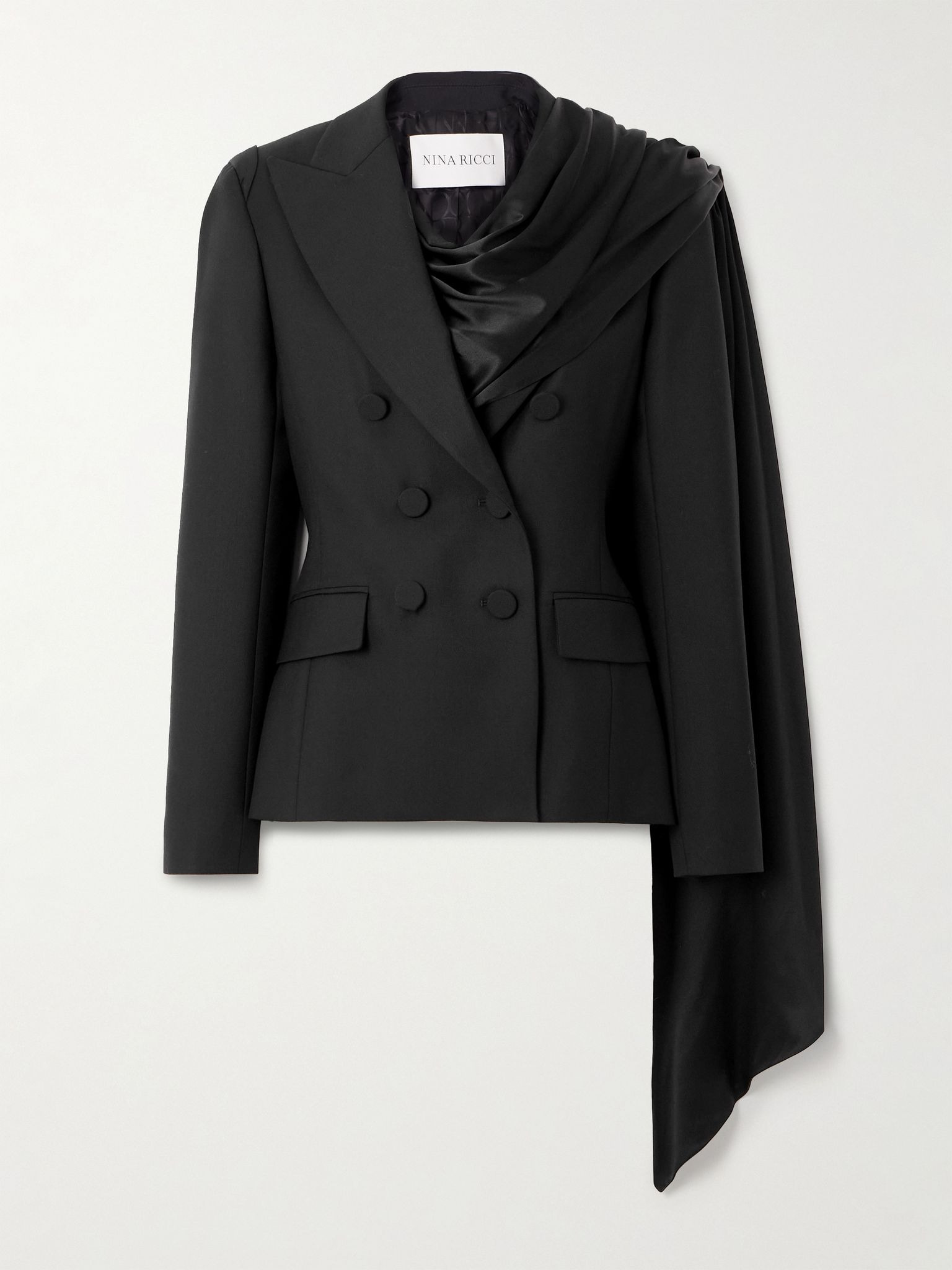 Double-breasted draped satin-trimmed wool blazer Black - 1