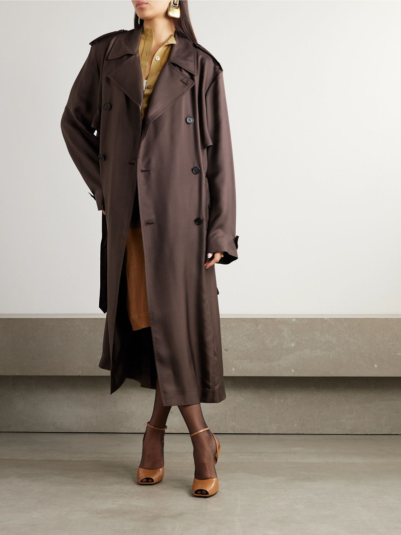SAINT LAURENT Double-breasted belted silk-twill trench coat Dark brown outlook