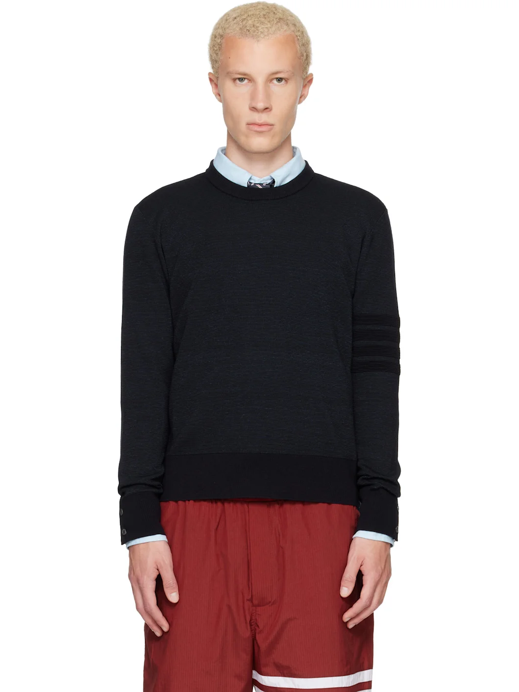 Navy Ottoman Milano Stitch 4-Bar Bomber Sweater - 1