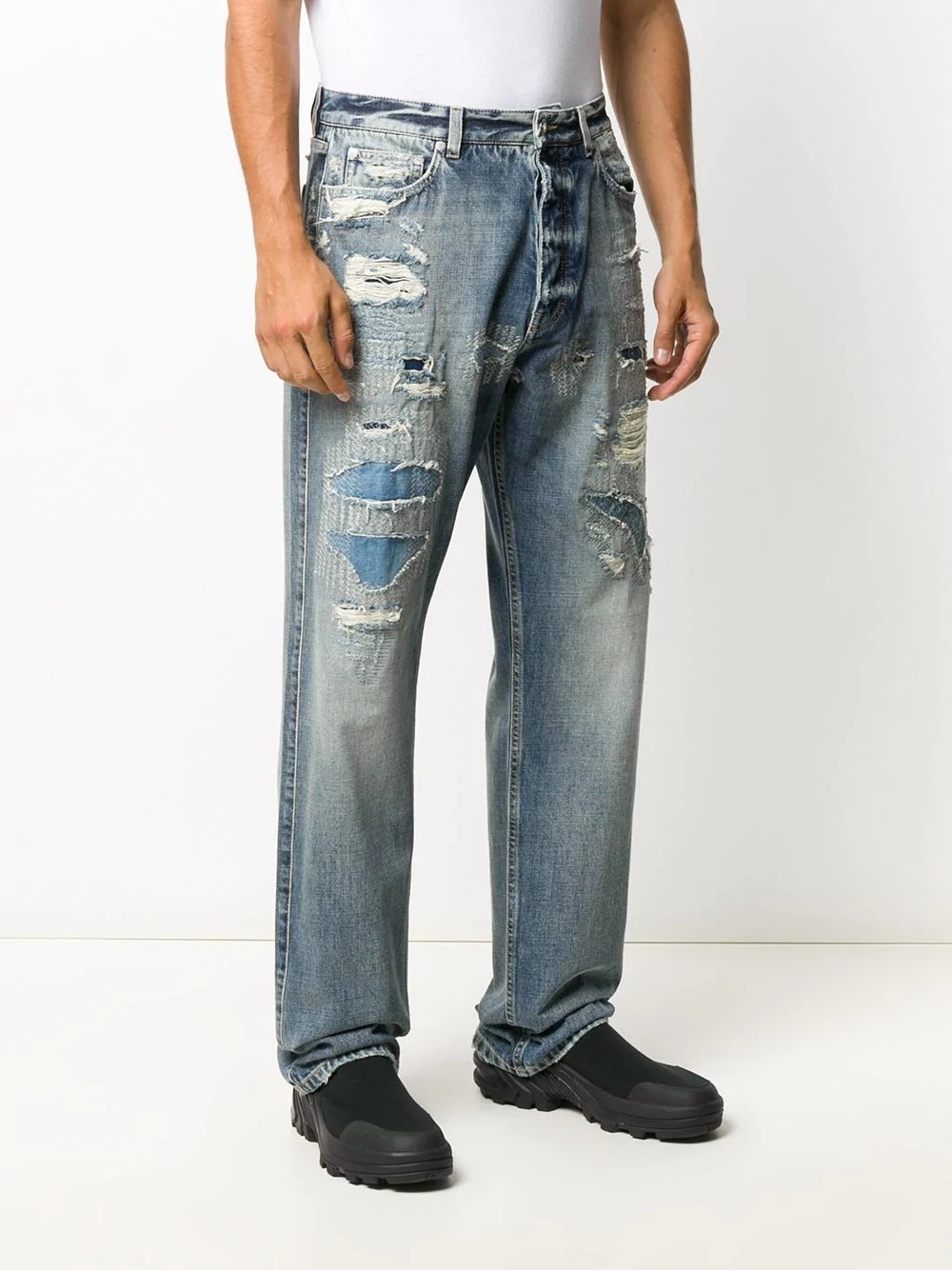 distressed stonewashed straight leg jeans - 3