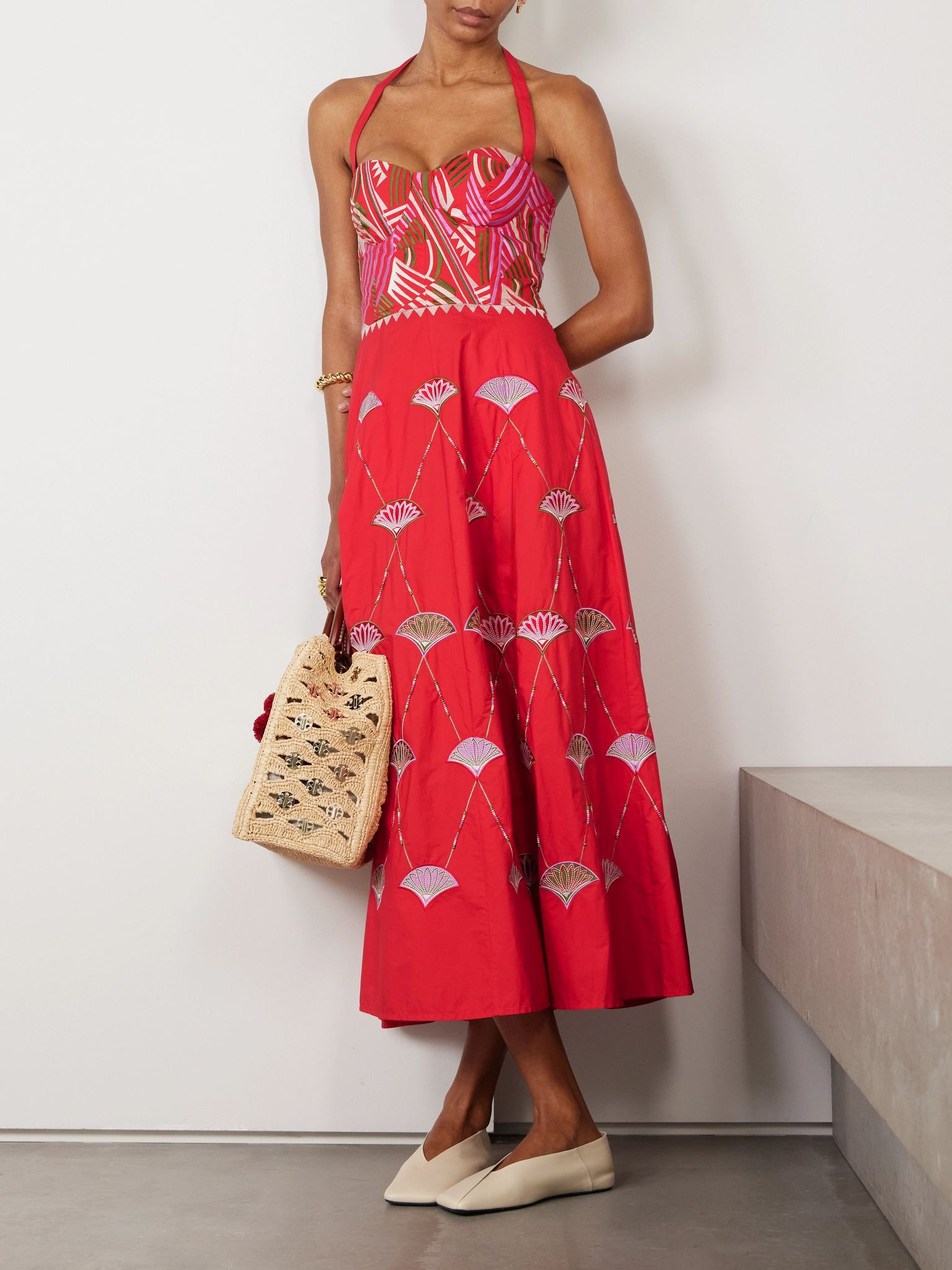 Lotty bead-embellished embroidered cotton-blend poplin halterneck midi dress Red - 2