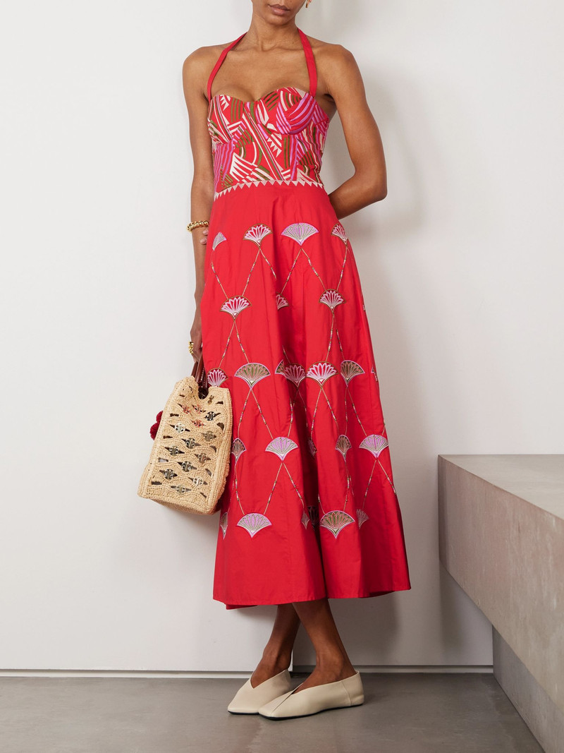 EMPORIO SIRENUSE Lotty bead-embellished embroidered cotton-blend poplin halterneck midi dress Red outlook