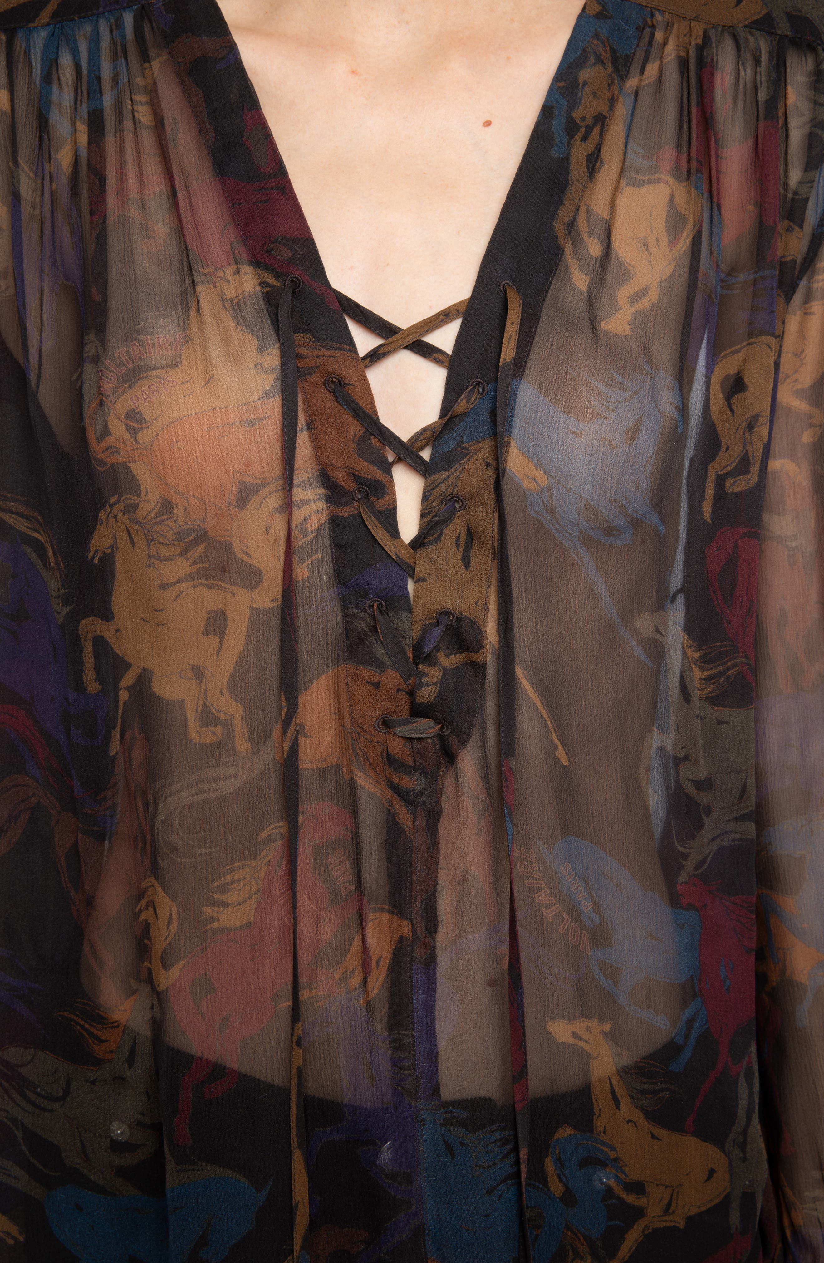 Zadig & Voltaire Tamela Horses Sheer Mousseline Top in Dark Chocolate at Nordstrom - 4