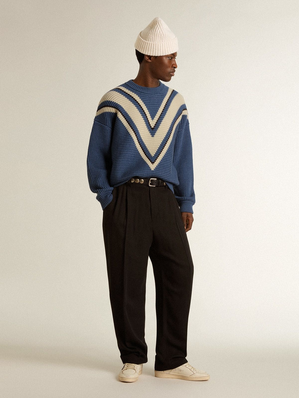 Men's light blue jacquard wool sweater with cream-colored pattern - 3