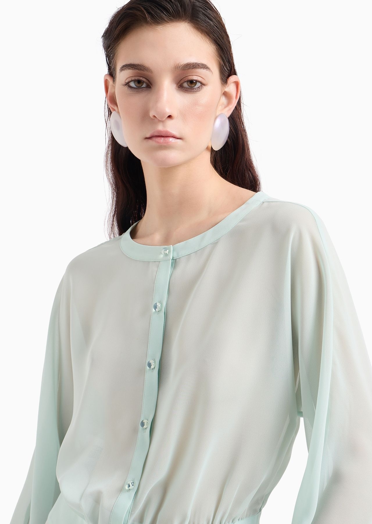 Georgette round-neck shirt with gathering - 5