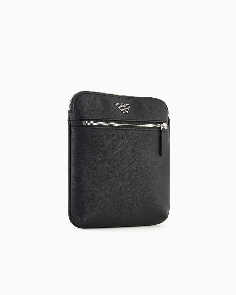 EMPORIO ARMANI ASV regenerated Saffiano leather flat shoulder bag with eagle plate outlook