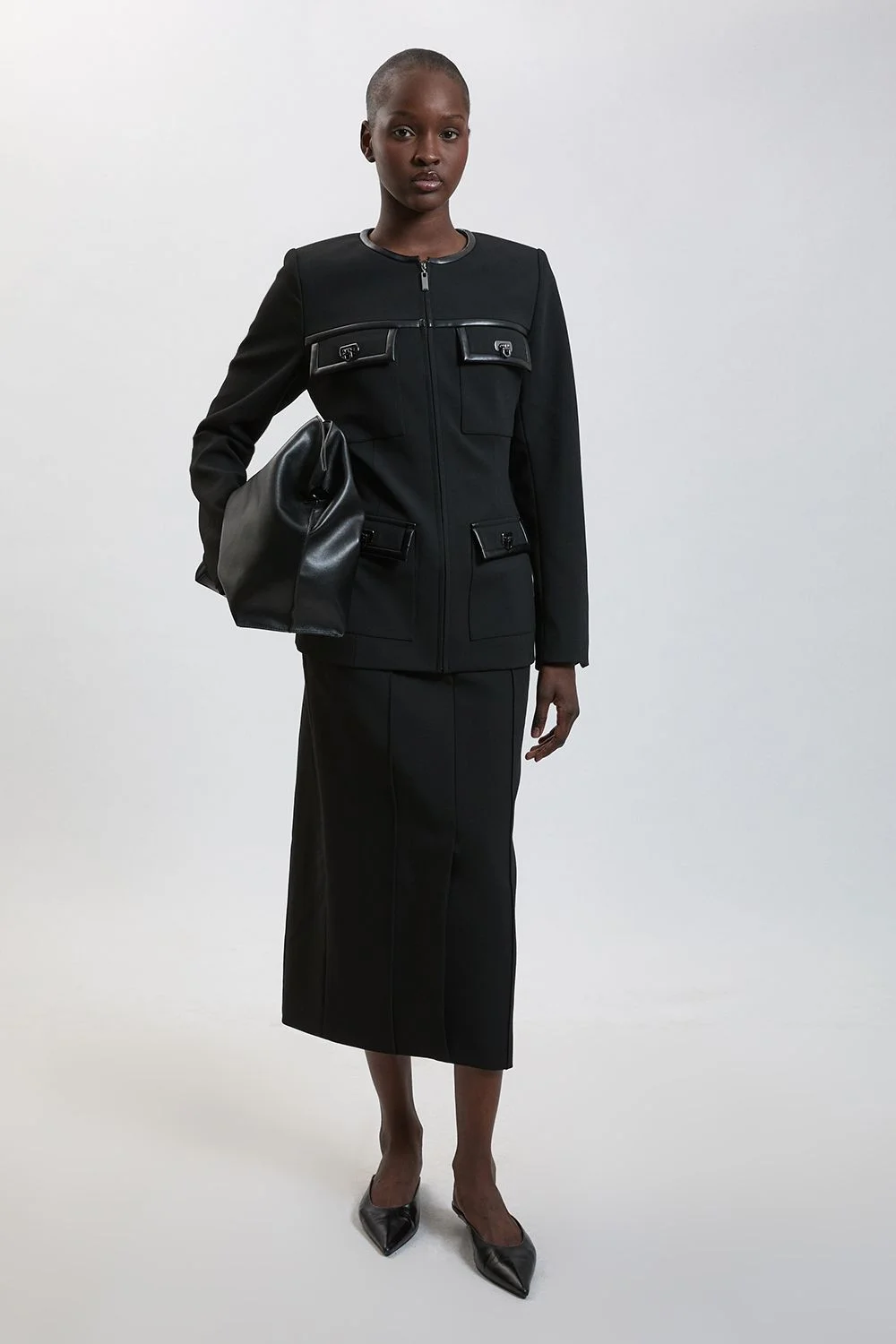 Forever Compact Stretch & PU Turn Lock Detail Tailored Midi Pencil Skirt - 1